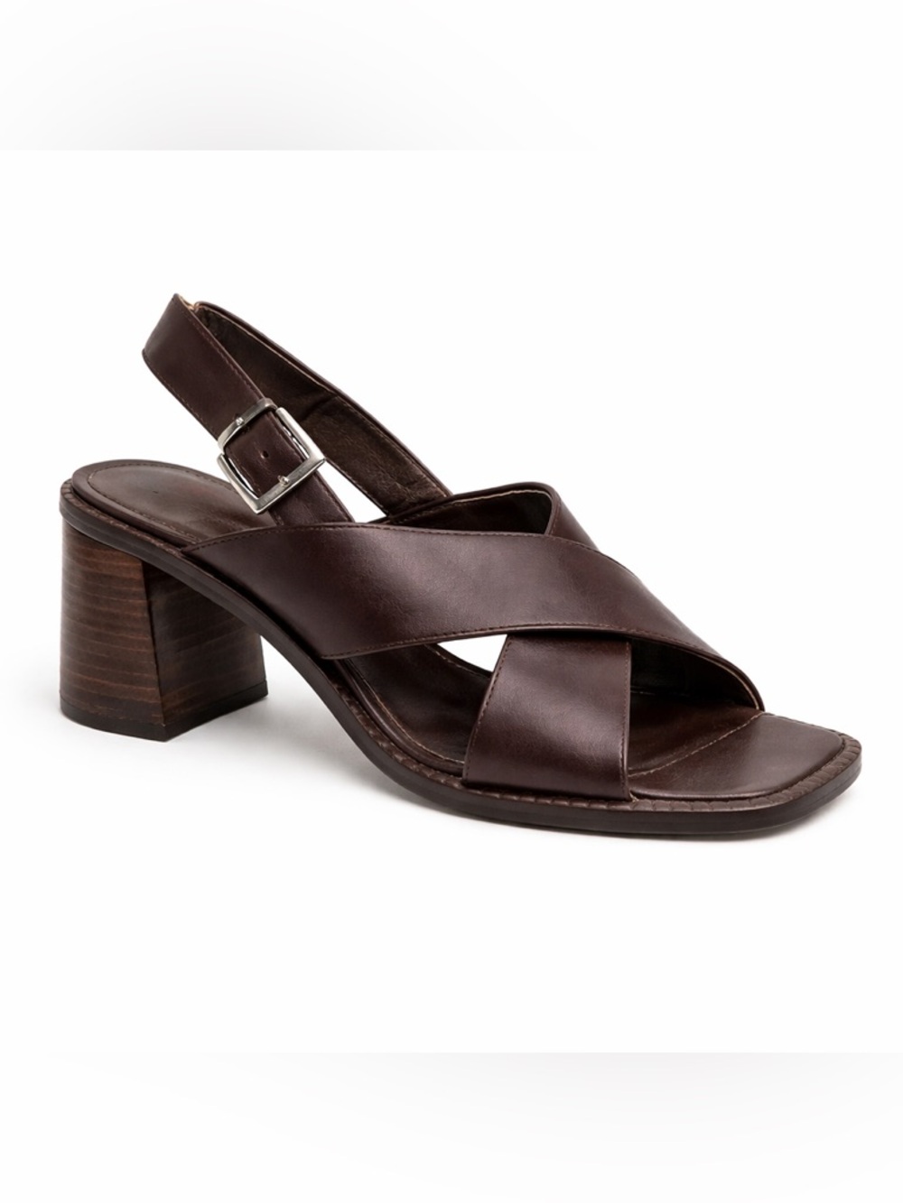 GUESS Dark Brown Genuine Leather Crisscross Block Heel Sandals size 7 - Picture 5 of 14